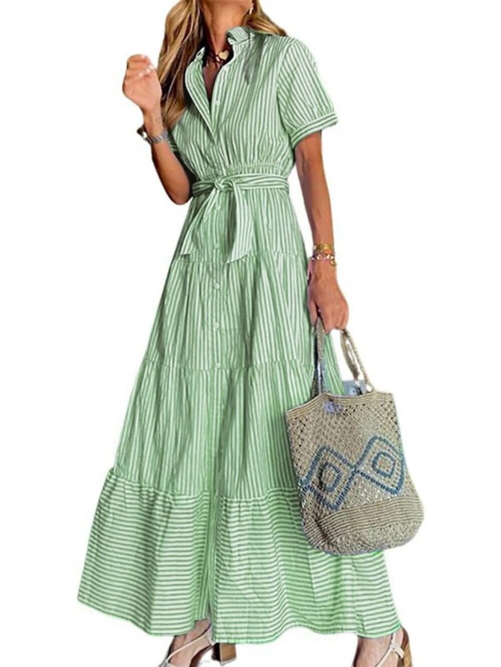 Casual Short Sleeve Striped Maxi Dress with Tie Waist & Ruffled Hem for Women